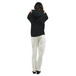 Back view of a woman in a black cotton-blend jumper hoodie with a double-lined hood, drawstring, and front pocket.