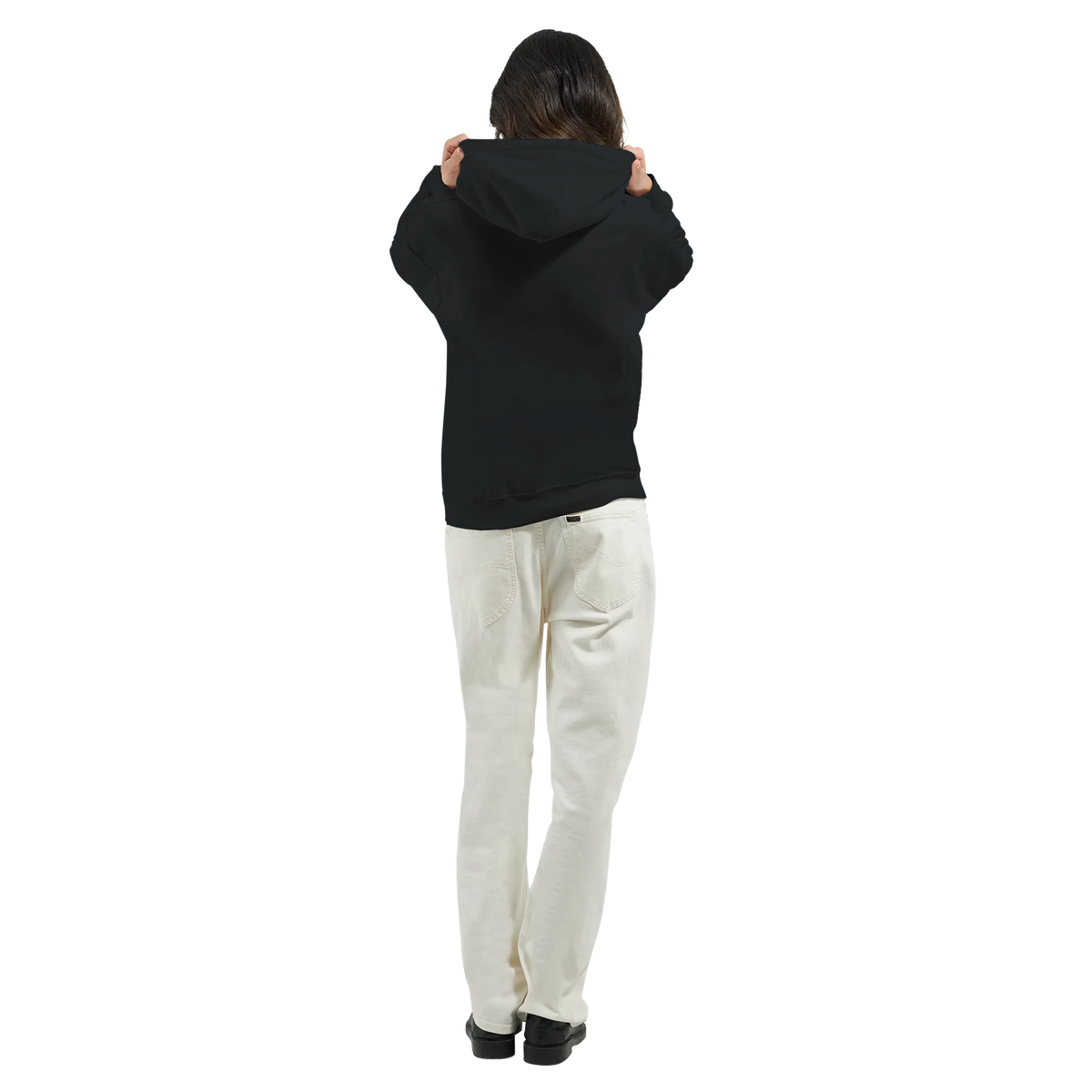 Back view of a woman in a black cotton-blend jumper hoodie with a double-lined hood, drawstring, and front pocket.