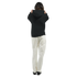 Back view of a woman in a black cotton-blend jumper hoodie with a double-lined hood, drawstring, and front pocket.