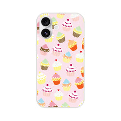 Pastel cupcake iPhone case (13-16) on pink background with kawaii sweet-treat pattern.