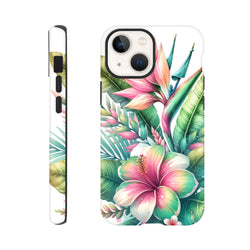 Tropical hibiscus and leaf floral iPhone case featuring vivid pink flowers and green foliage for impact-resistant protection.
