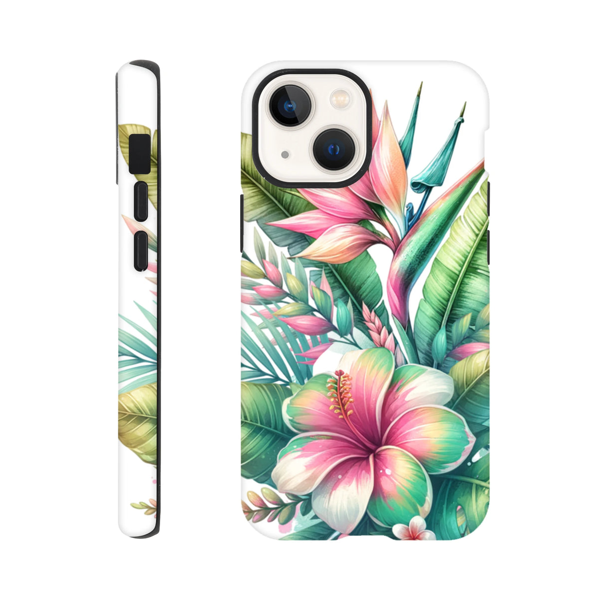 Tropical hibiscus and leaf floral iPhone case featuring vivid pink flowers and green foliage for impact-resistant protection.