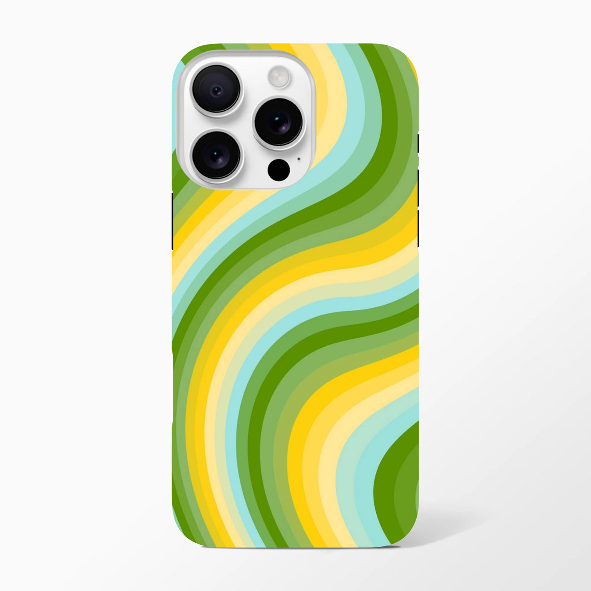 Green and yellow retro wave iPhone case featuring bold Y2K stripes. Tough wraparound phone cover perfect for streetwear and skate sessions.