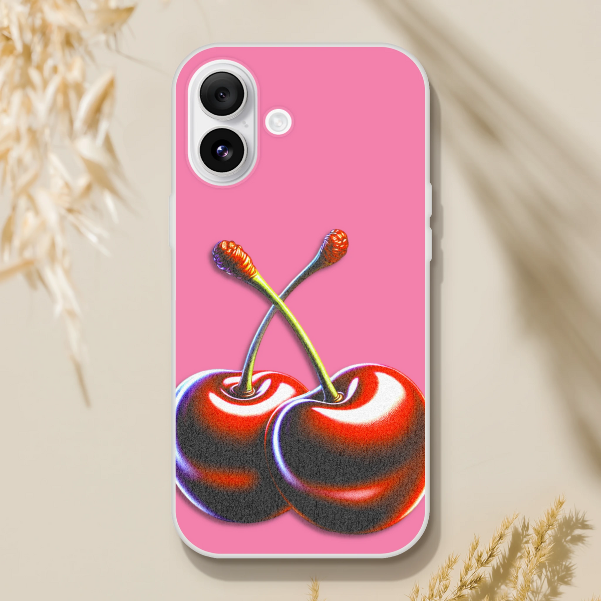 Pink Retro Cherries iPhone case (13-16), Y2K aesthetic, slim matte TPU with cherry artwork.