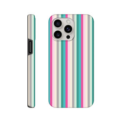 Retro pink and aqua vertical stripe tough iPhone case offering vintage street style and durable protection for daily carry.