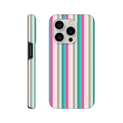 Retro pink aqua and grey vertical stripe tough iPhone case with street-ready protection and city aesthetic.