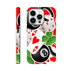 Tough iPhone case featuring Ace of Hearts, lucky four-leaf clover, and black 8-ball street graphics on red background.