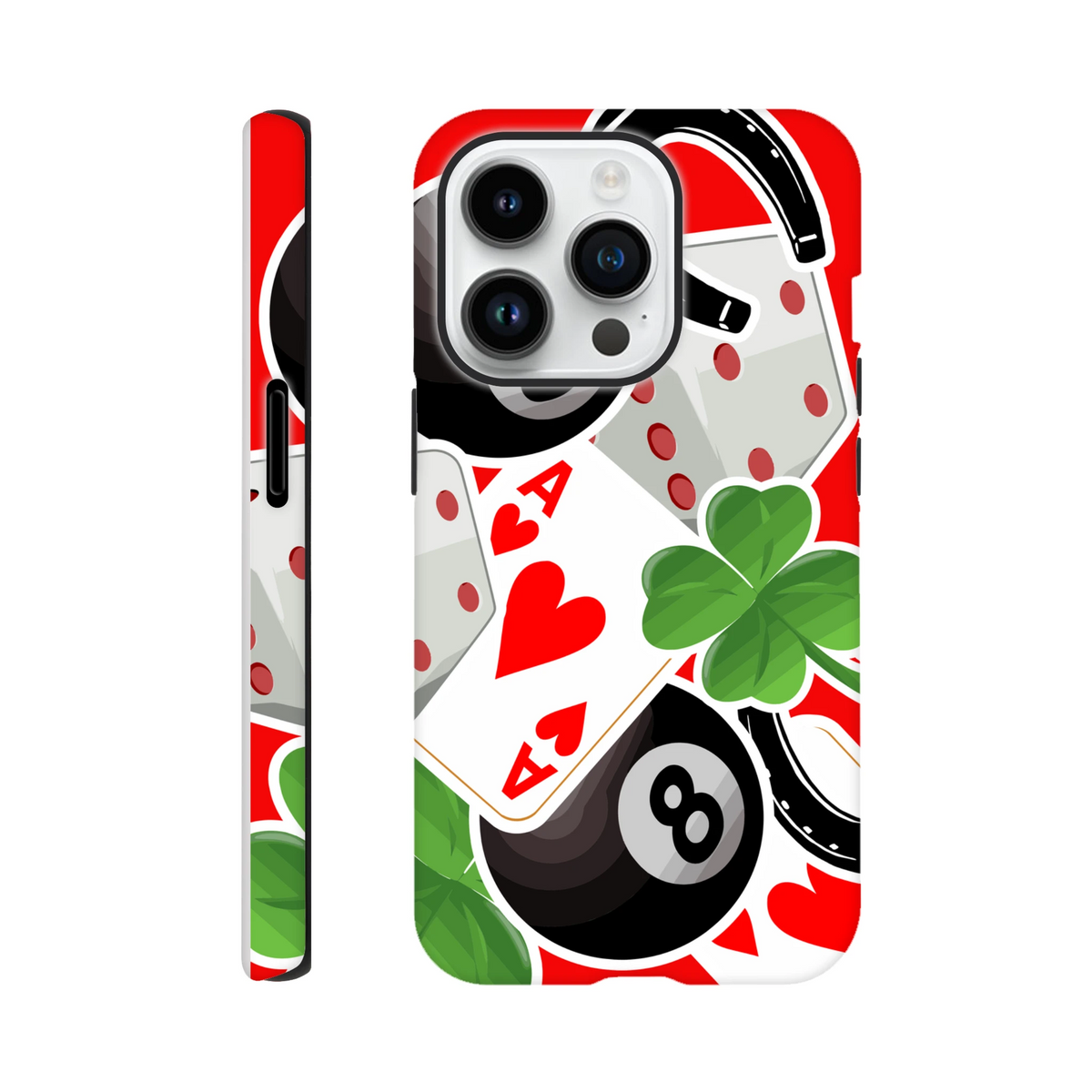 Tough iPhone case featuring Ace of Hearts, lucky four-leaf clover, and black 8-ball street graphics on red background.