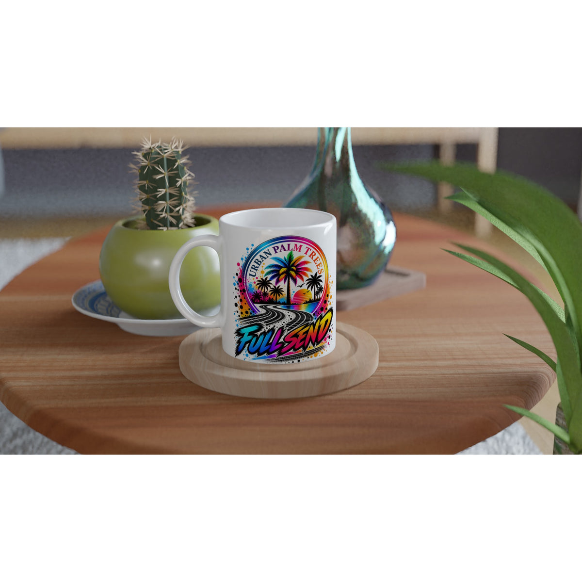 Full Send Petrolhead Mug featuring Urban Palm Trees sunset graphic and tire track art on a white coffee cup.