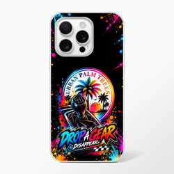 Colorful iPhone case featuring a manual shift knob, sunset palm trees graphic, and vibrant paint splatter background with Drop A Gear text.