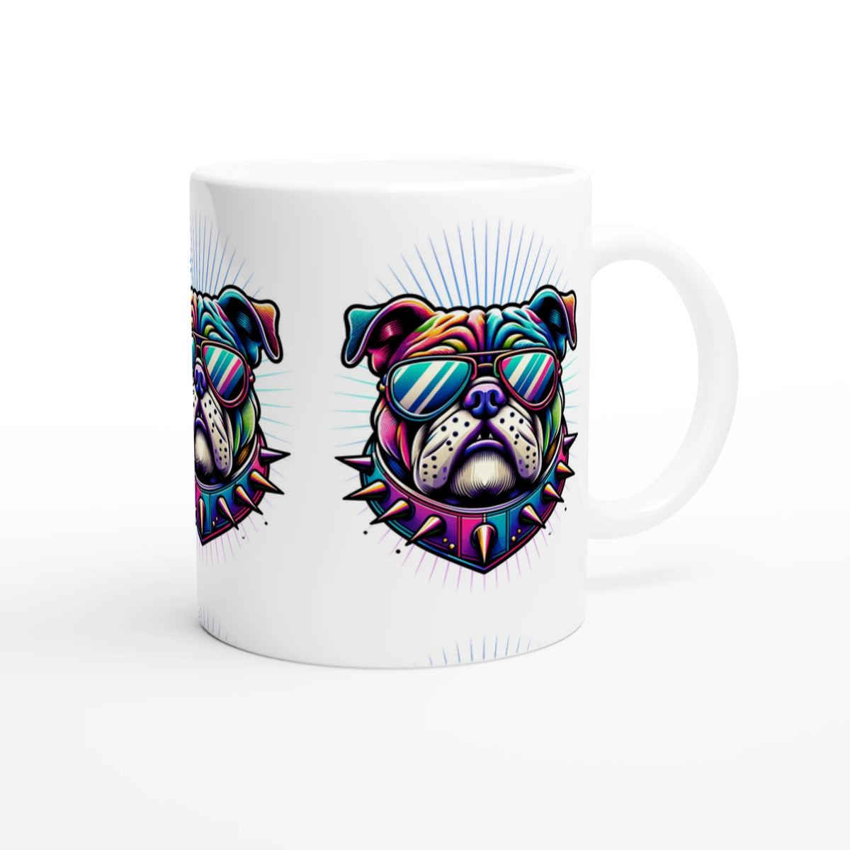 Colorful bulldog graphic on a glossy white ceramic mug with sunglasses and spiked collar.