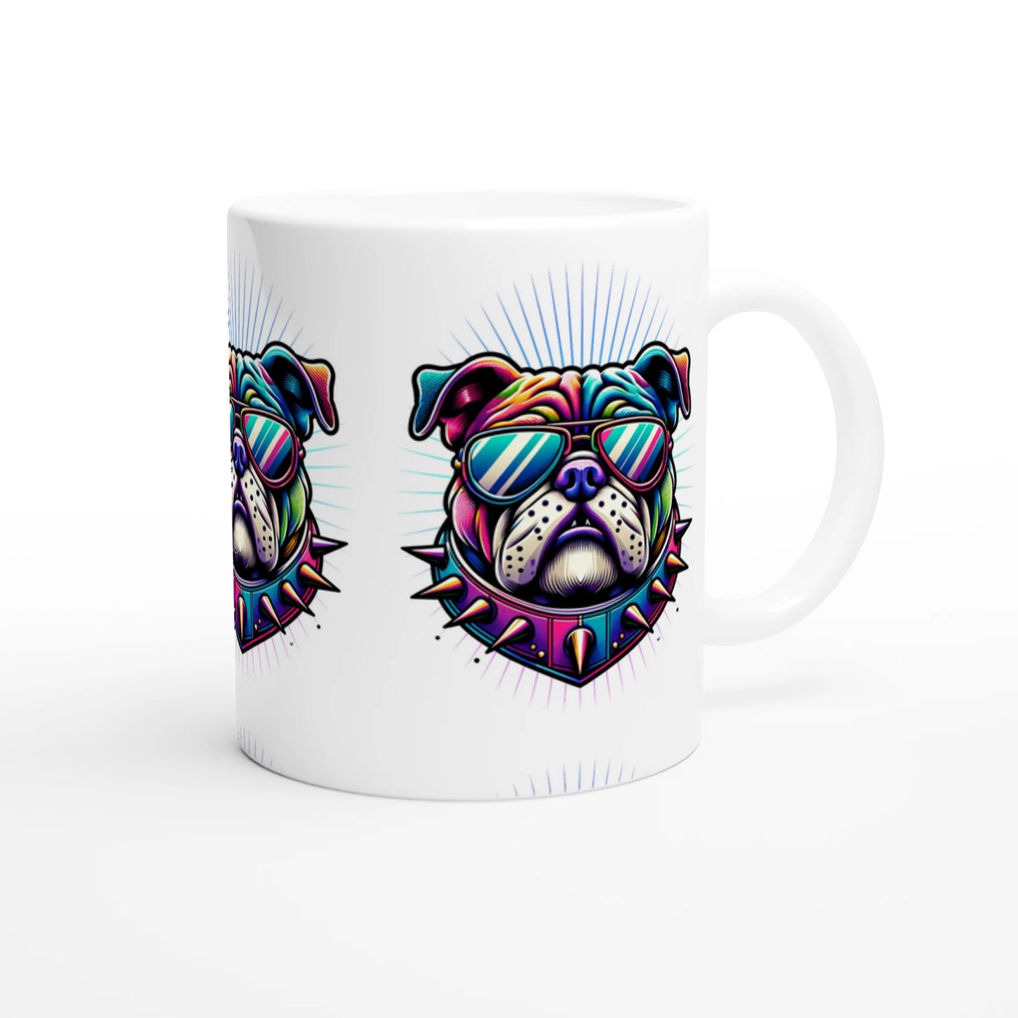 Colorful bulldog graphic on a glossy white ceramic mug with sunglasses and spiked collar.