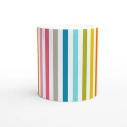 Rainbow Stripe Ceramic Mug - Colourful Coffee Cup with vertical rainbow stripes on white ceramic.