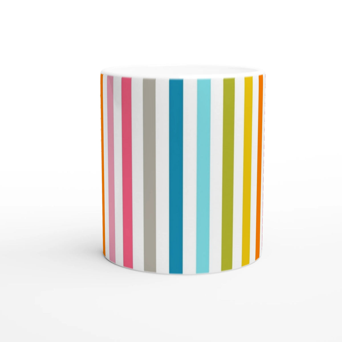 Rainbow Stripe Ceramic Mug - Colourful Coffee Cup with vertical rainbow stripes on white ceramic.