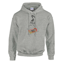 Grey hoodie featuring a vintage cassette tape graphic with unraveling tape and "90s Hits" label for retro music nostalgia.