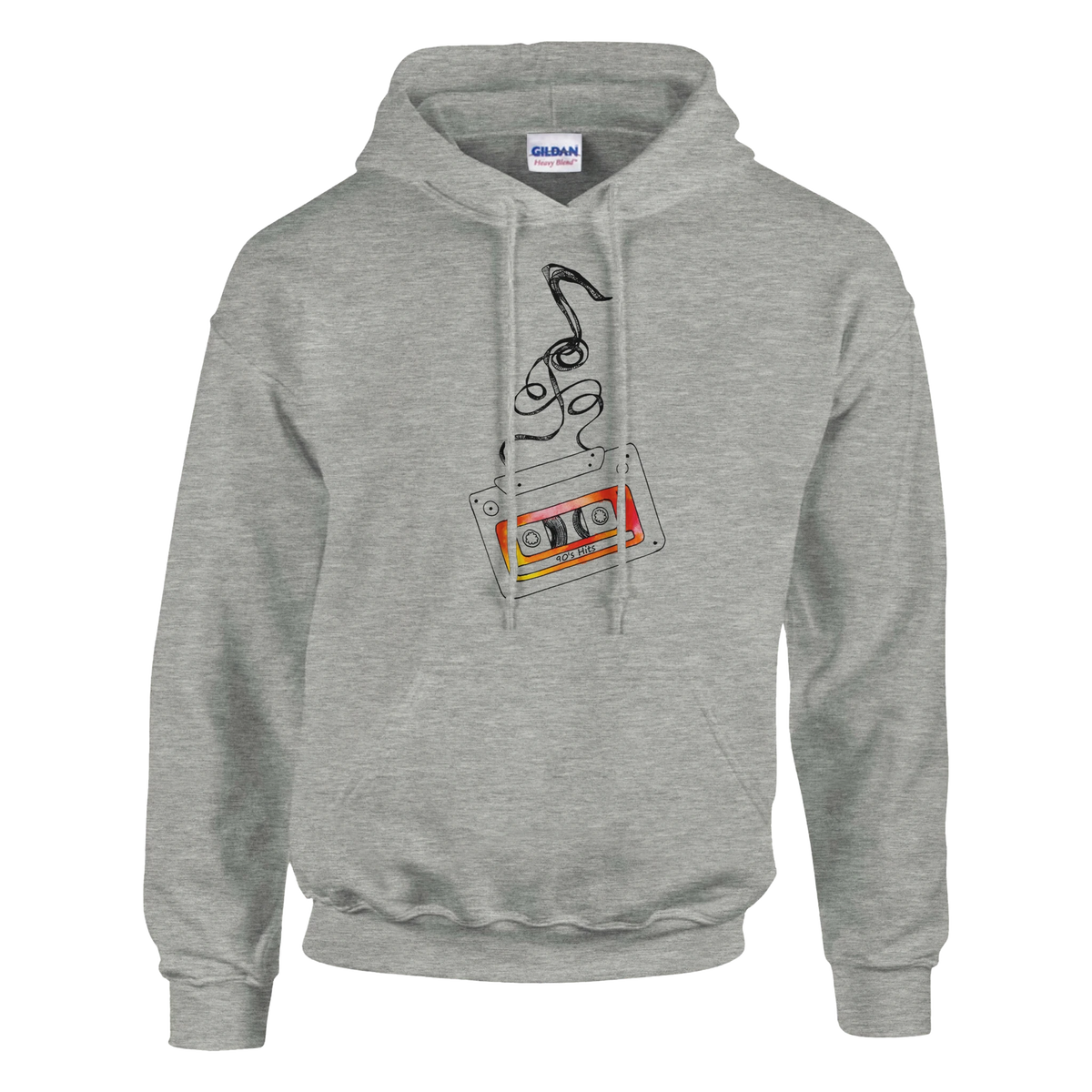 Grey hoodie featuring a vintage cassette tape graphic with unraveling tape and "90s Hits" label for retro music nostalgia.