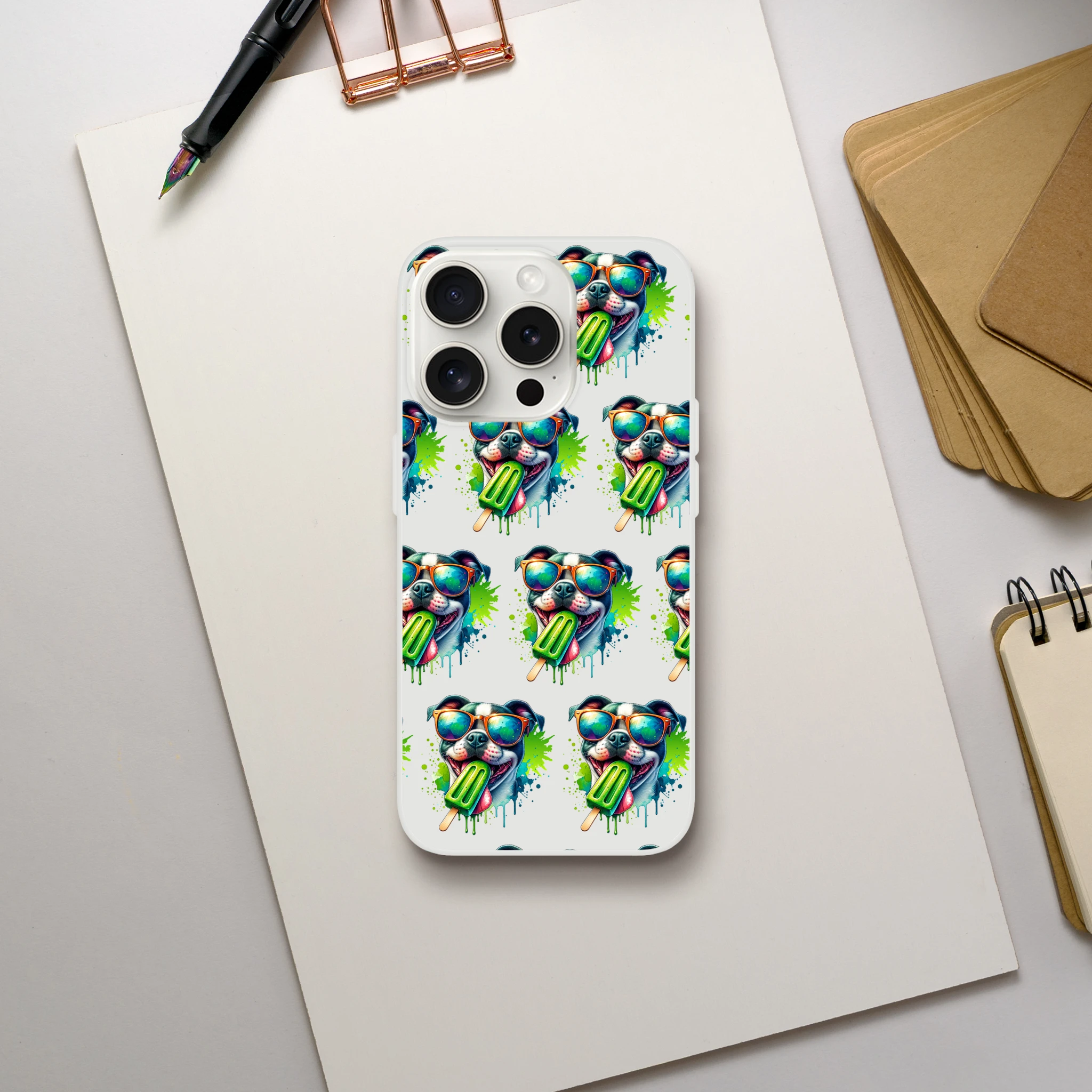 Chill Dog slim iPhone case with frost-clear texture and repeating colorful dogs in sunglasses and popsicles.