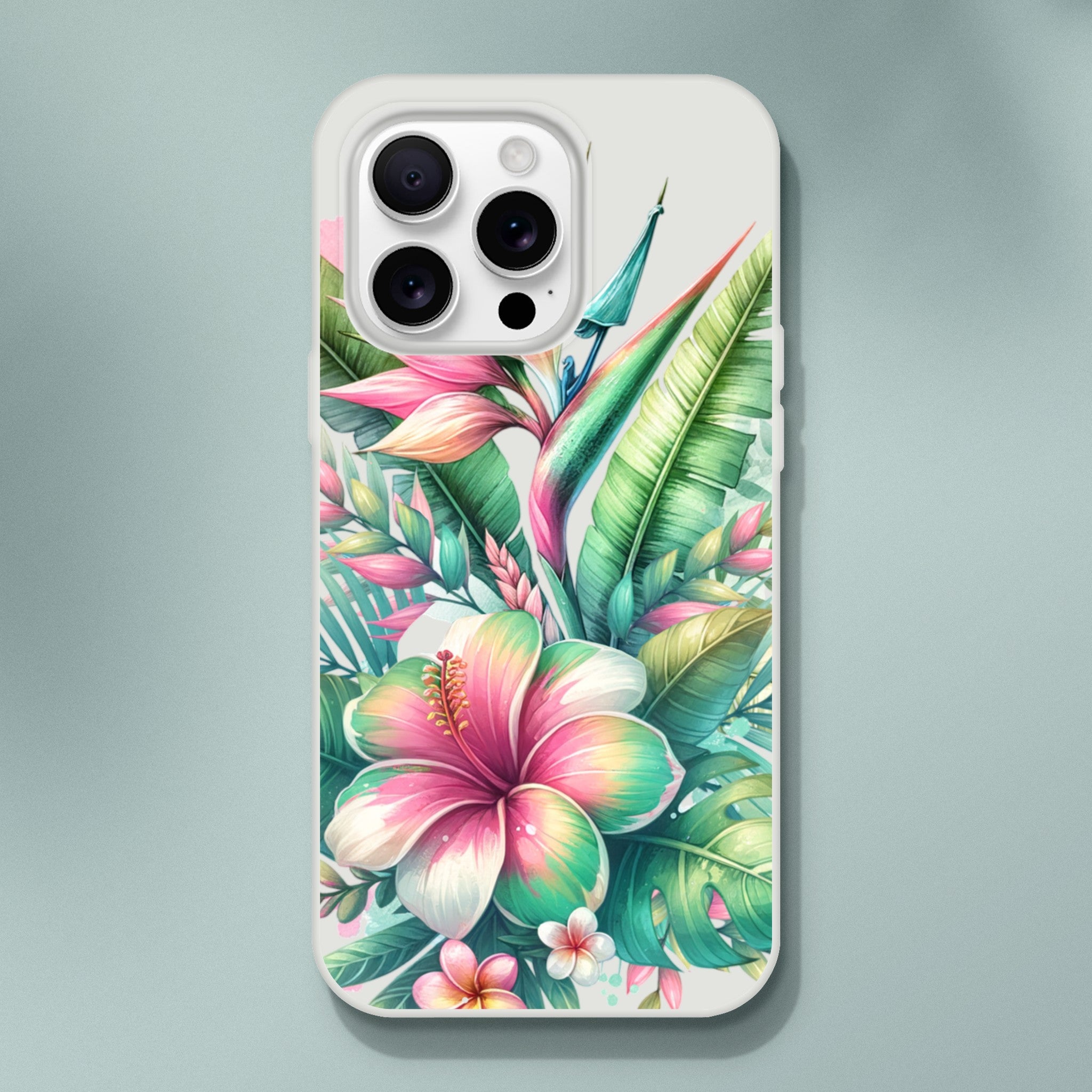 Exotic tropical floral iPhone case for iPhone 16 15 14 13 with vibrant hibiscus and lush leaves; slim protective cover.