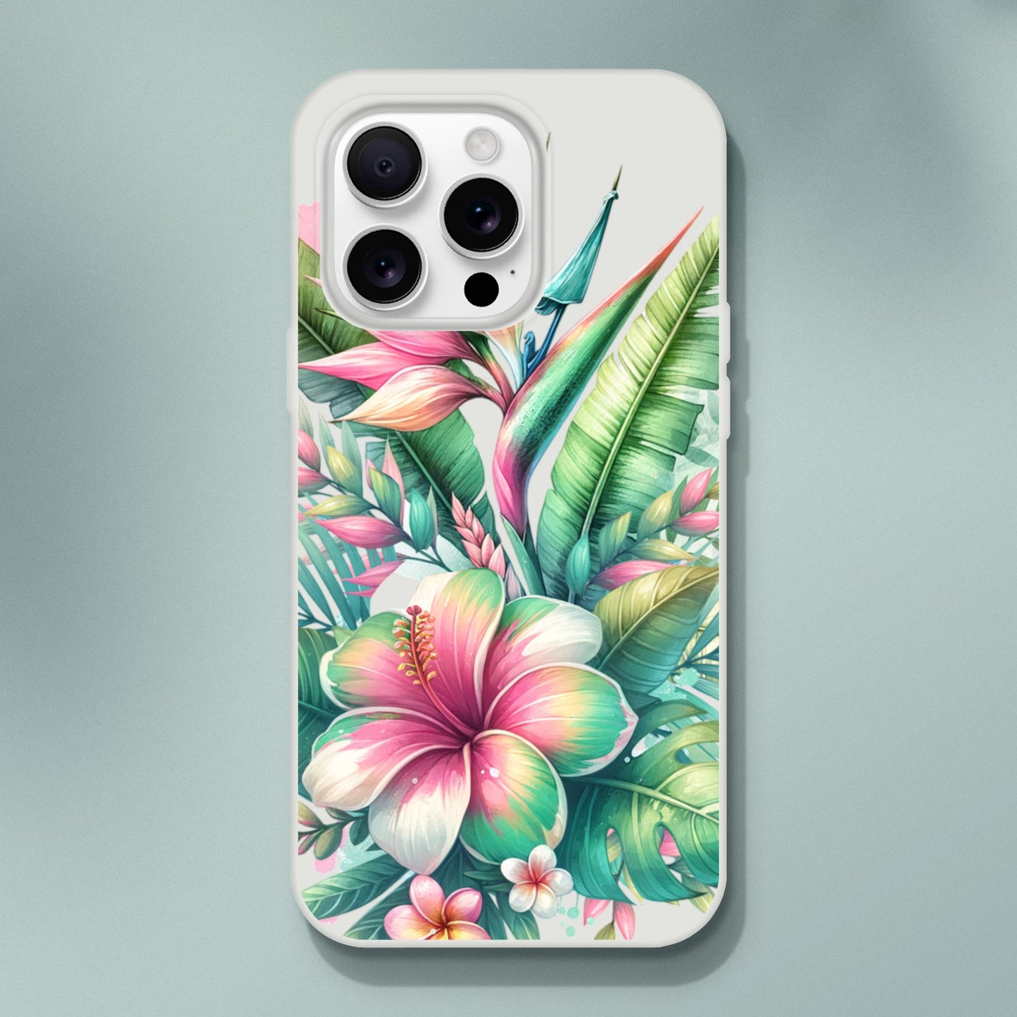 iPhone case with tropical floral design on a light gray background 19