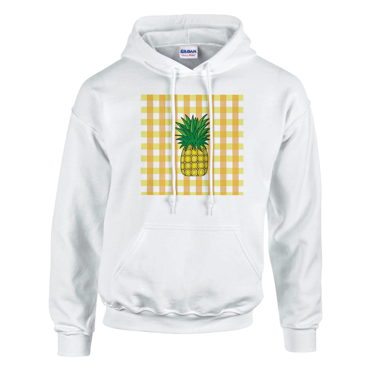 White pullover hoodie featuring a retro pineapple graphic on a yellow gingham background for vintage streetwear style.