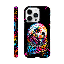 Low Life Petrolhead iPhone case with colorful shock absorber art, Urban Palm Trees sunset graphic, and neon paint splatters on black.