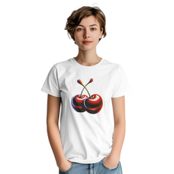 Model wearing white women's cherry graphic tee in soft cotton blend; relaxed fit, durable double-needle hems.