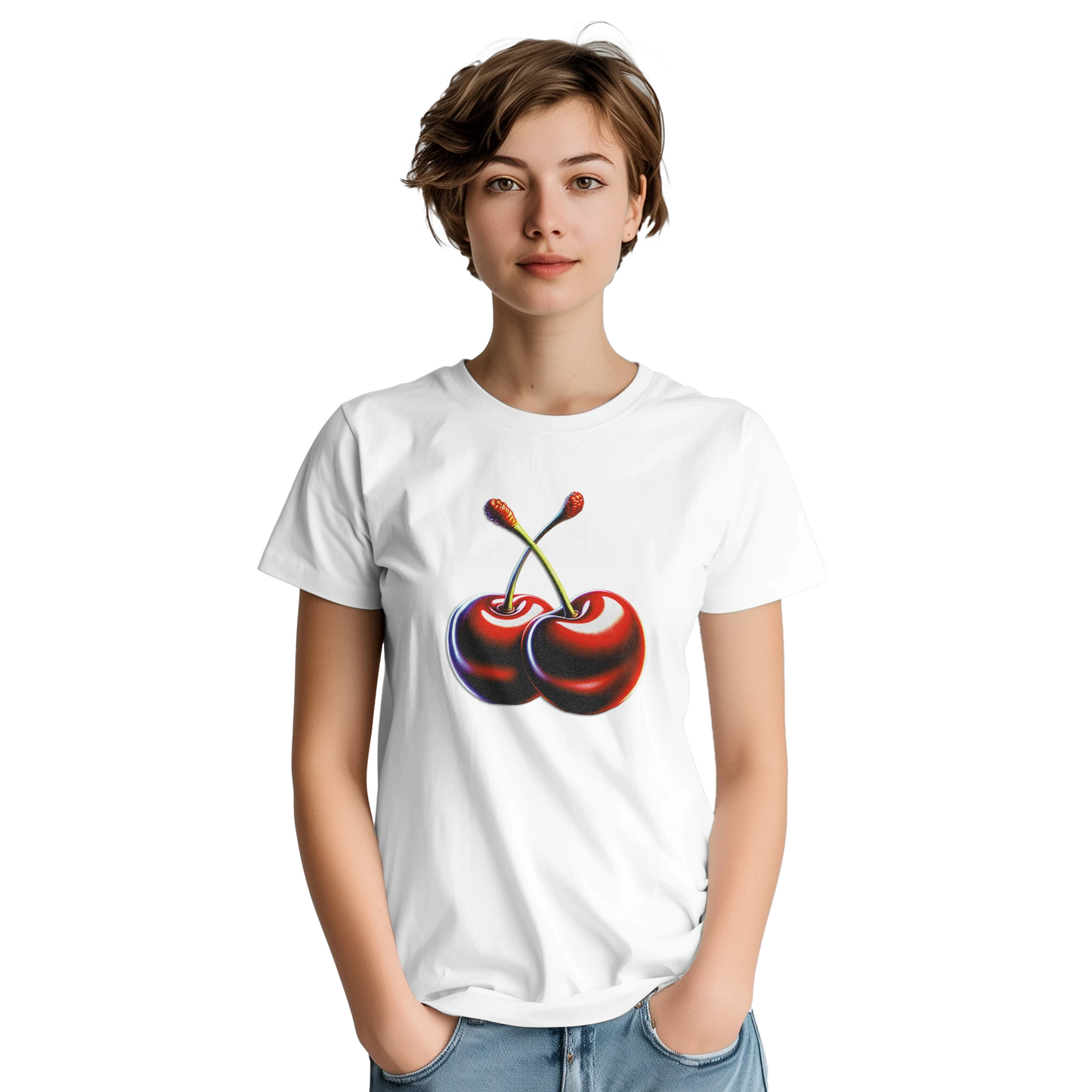 Model wearing white women's cherry graphic tee in soft cotton blend; relaxed fit, durable double-needle hems.