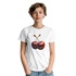Model wearing white women's cherry graphic tee in soft cotton blend; relaxed fit, durable double-needle hems.