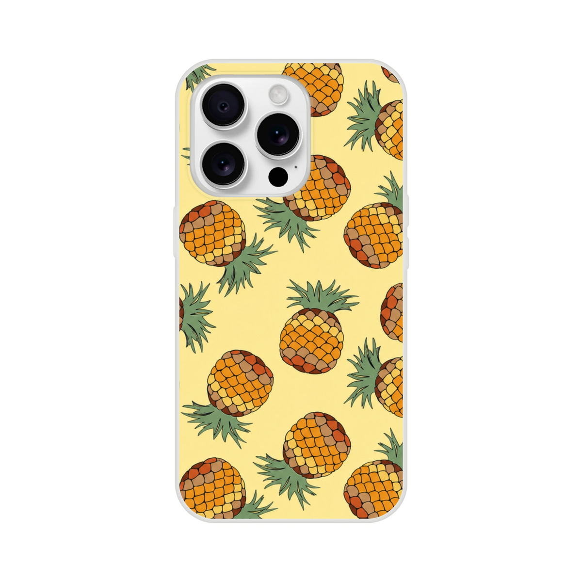 Cute Pineapple Pattern iPhone Case (13-16) Tropical Fruit Phone Cover with yellow backdrop and vibrant pineapple print