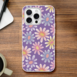 Retro pastel daisy iPhone case with purple floral pattern, slim matte finish for iPhone 13-16.