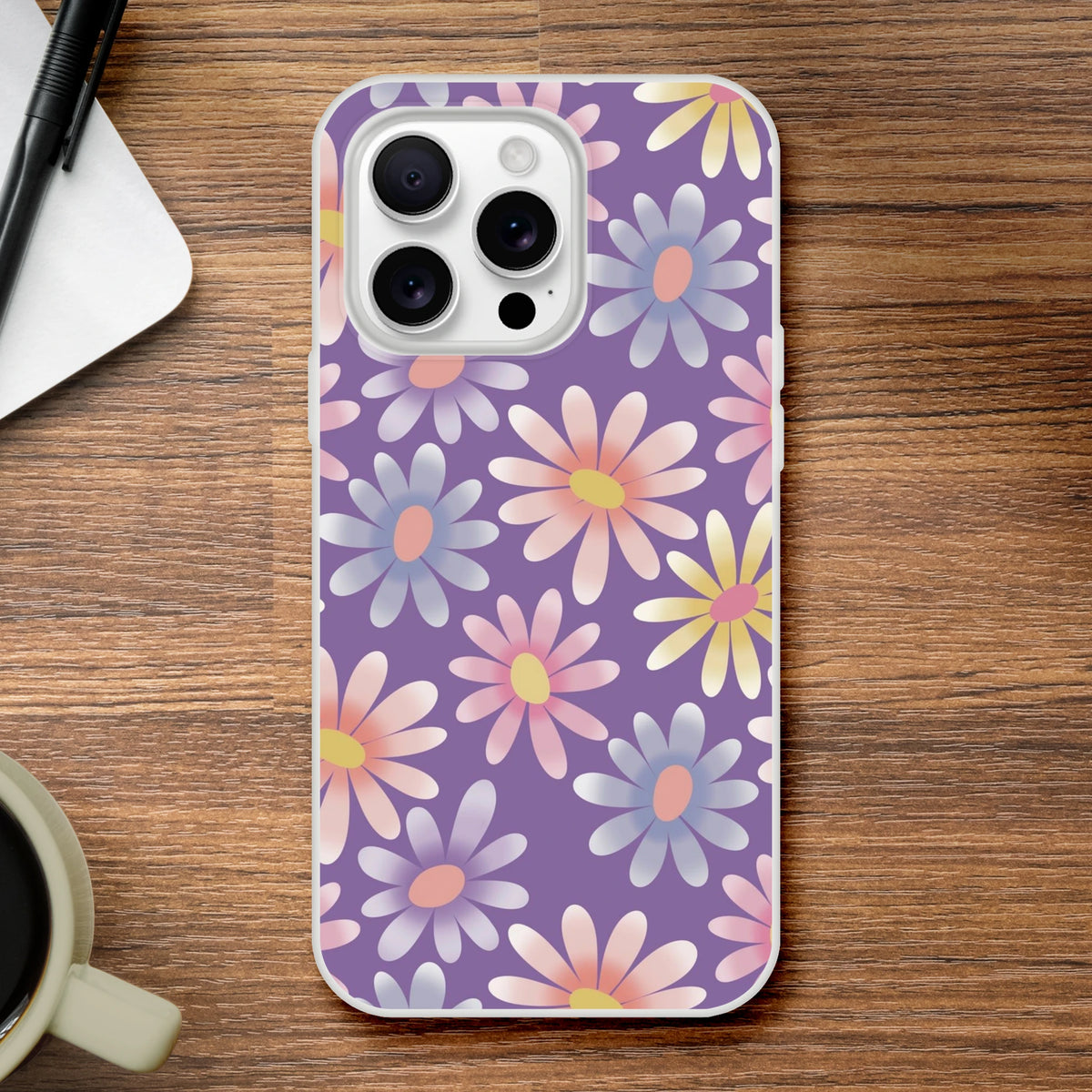 Retro pastel daisy iPhone case with purple floral pattern, slim matte finish for iPhone 13-16.