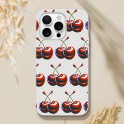 Cherries patterned slim protective phone case for iPhone 13–16 with frosty transparent finish.