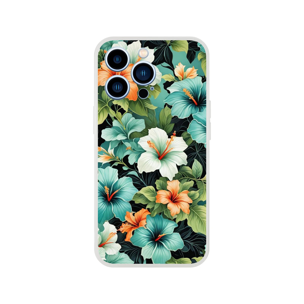 Tropical hibiscus floral iPhone case for 13-16, slim matte shell, Hawaiian design.