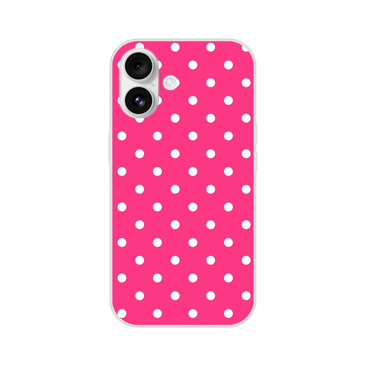 Hot pink & white polka dot iPhone case with retro styling. Lightweight matte TPU shell provides drop protection for models 13-16.