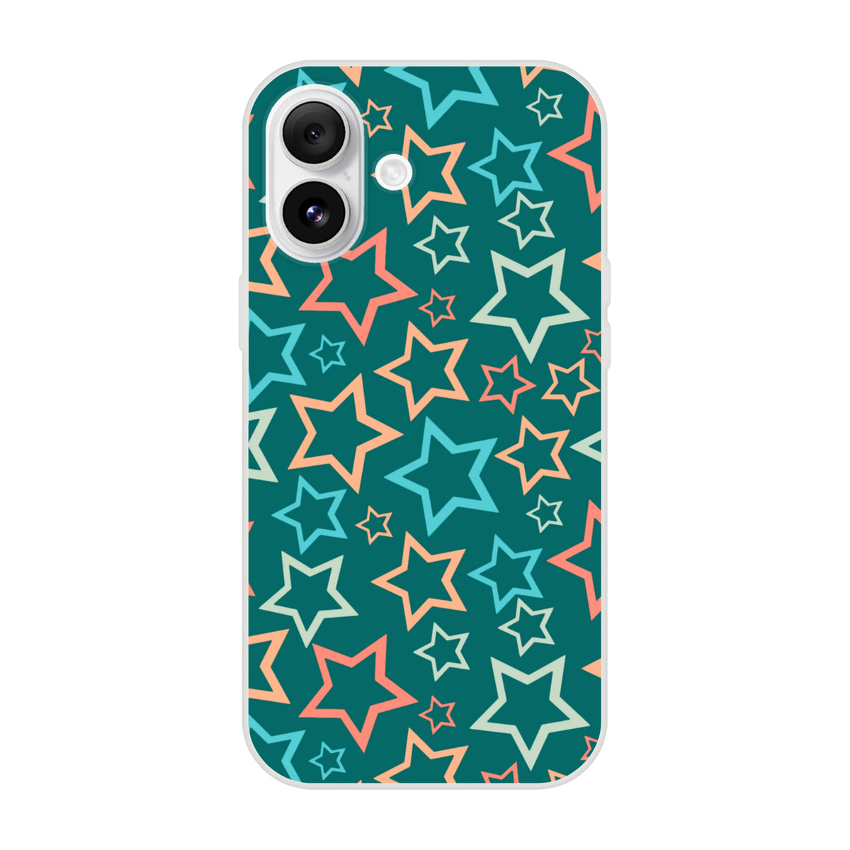 Retro multicolour star iPhone case for iPhone 13-16 with teal background and outlined star patterns in a Y2K aesthetic.