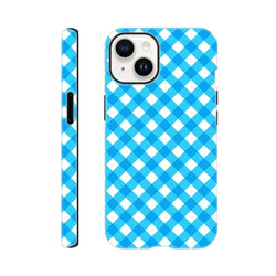 Retro blue gingham checkered iPhone case with protective tough design and wireless charging compatibility.