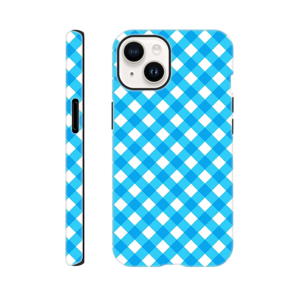 Retro blue gingham checkered iPhone case with protective tough design and wireless charging compatibility.