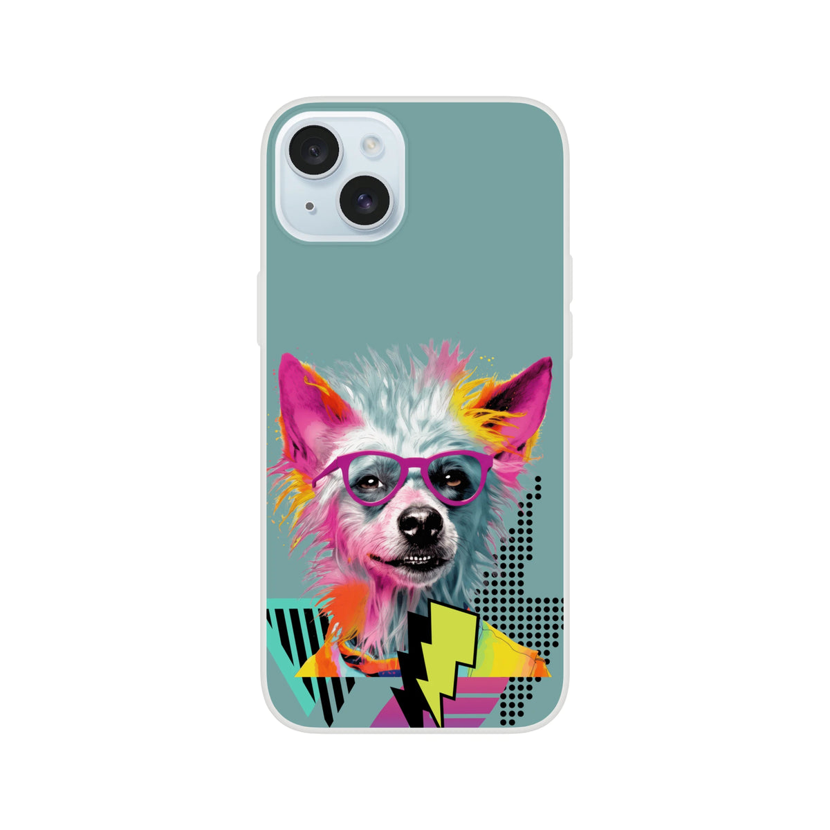 Funny dog iPhone case for 13-16 with colorful retro artwork, dog wearing pink glasses on turquoise background.