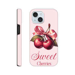 Vintage pink iPhone case featuring illustrated cherries tied with a ribbon bow and Sweet Cherries script text.