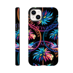 Urban Palm Trees iPhone case featuring vibrant neon tropical trees and circular streetwear text on a black background.