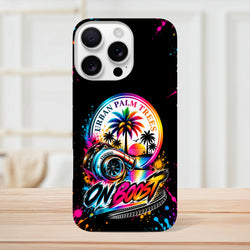 Black iPhone case featuring colorful turbocharger graphic, Urban Palm Trees sunset, and On Boost text with paint splatter design.