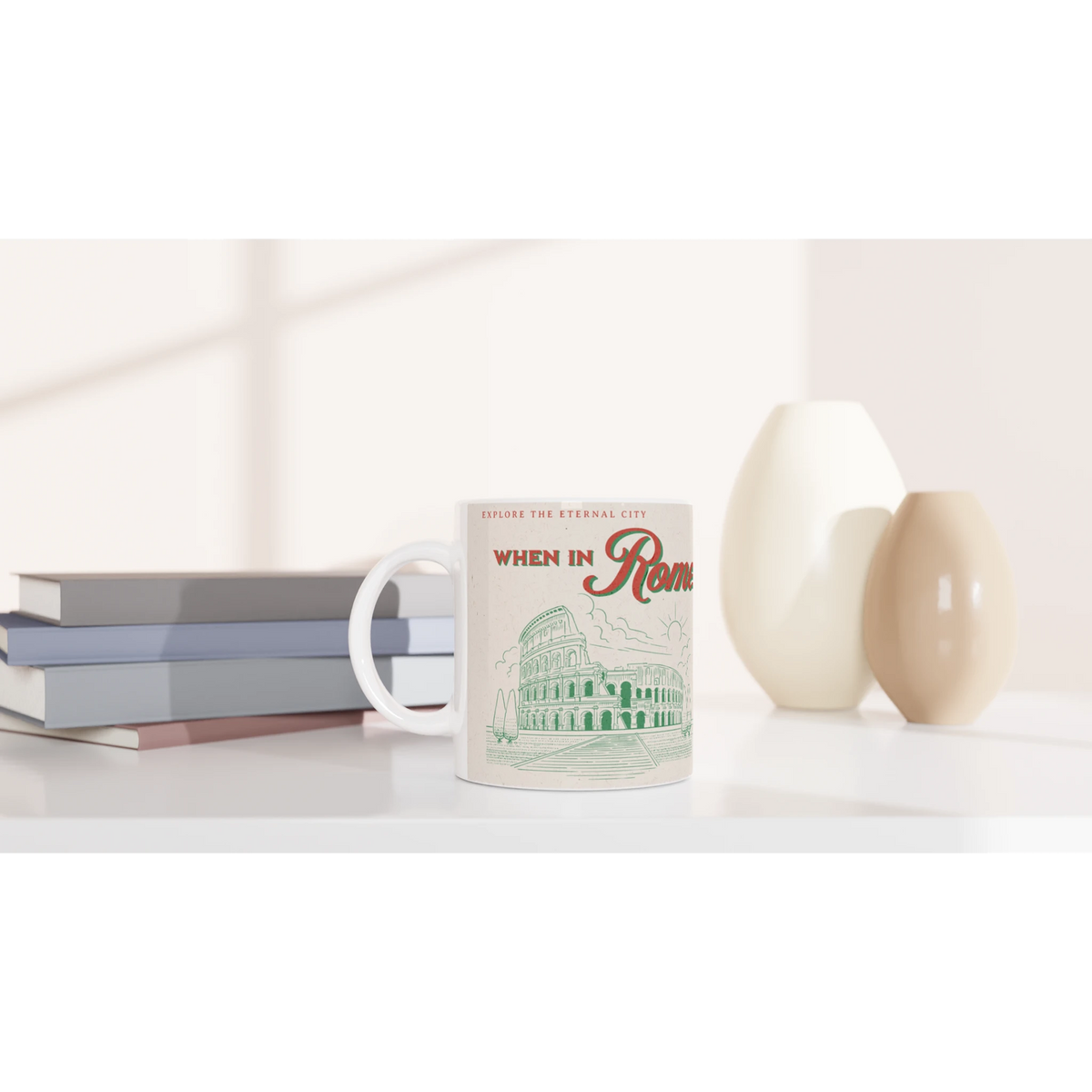 Vintage Rome mug with retro postcard art and Colosseum illustration, white ceramic mug on a desk.