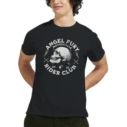 Black men's graphic tee featuring Angel Fury Motorcycle Rider Club skull and crossbones print for an underground biker look.