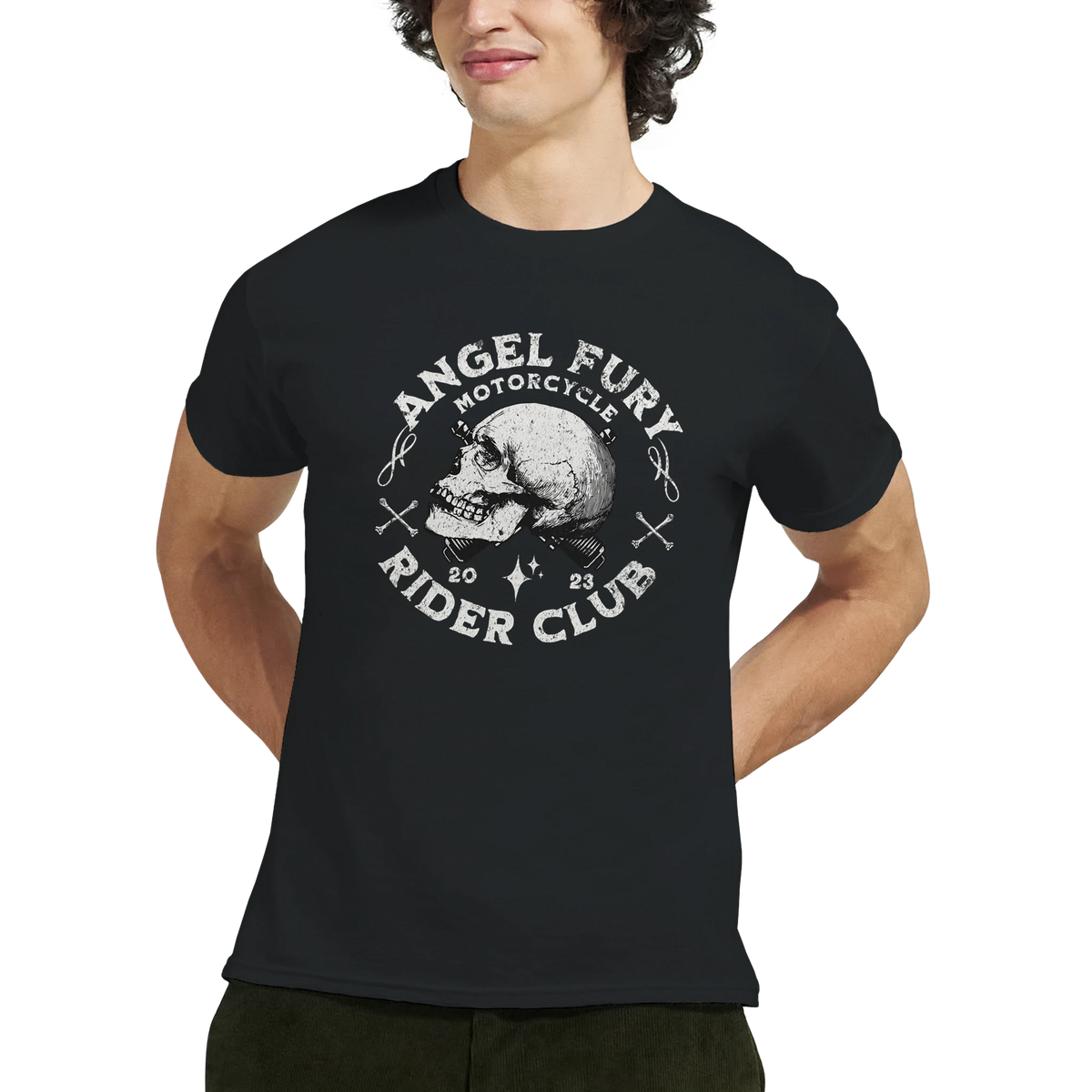 Black men's graphic tee featuring Angel Fury Motorcycle Rider Club skull and crossbones print for an underground biker look.