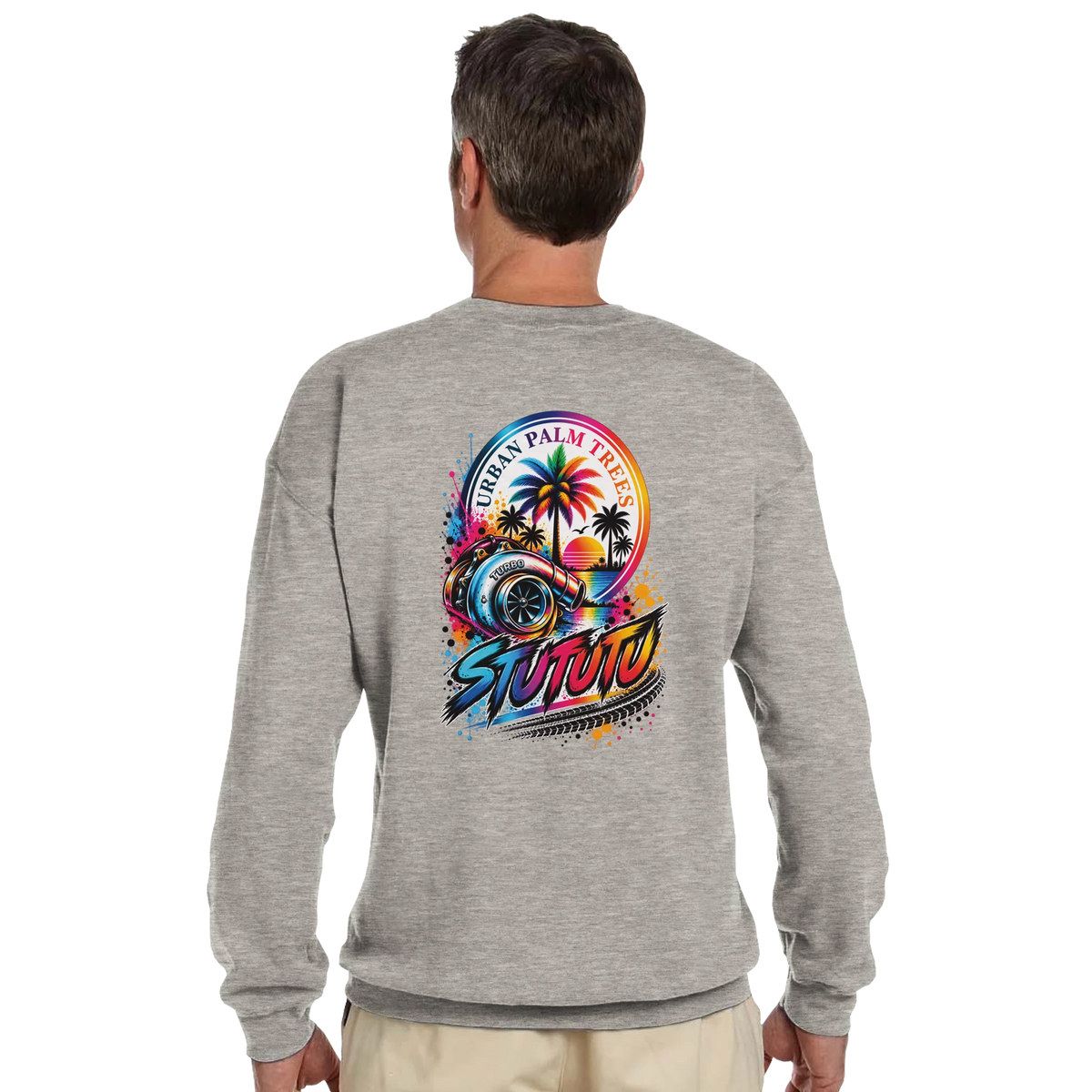 Gray crewneck sweatshirt featuring a colorful back graphic of a turbocharger, palm trees, and stylized text for modified car culture.