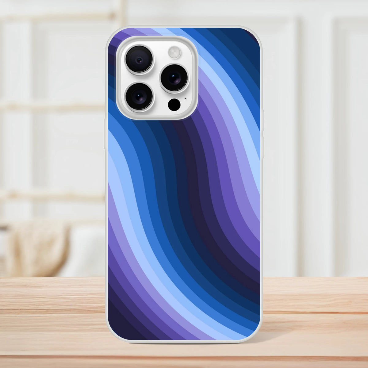 Blue retro wave iPhone case with abstract Y2K swirl, slim matte protection for iPhone 13-16.