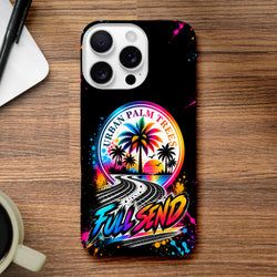 Black iPhone case with colorful Urban Palm Trees sunset graphic, tire tracks, and Full Send text for modified car culture.