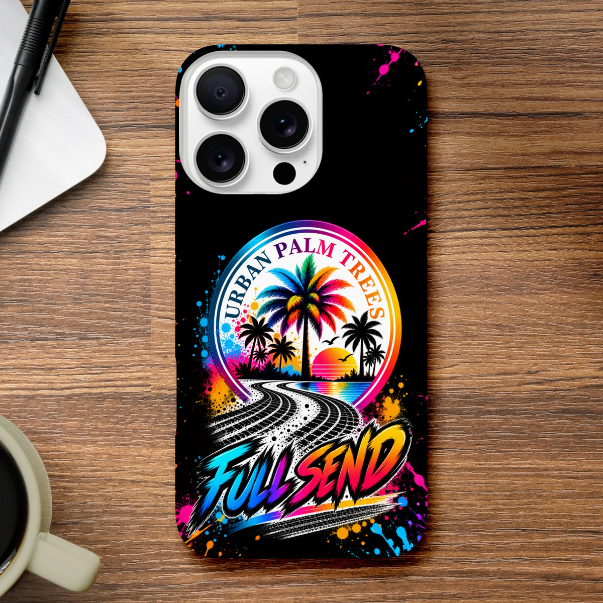 Black iPhone case with colorful Urban Palm Trees sunset graphic, tire tracks, and Full Send text for modified car culture.