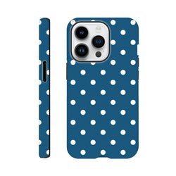 Navy blue tough iPhone case with white polka dots. Shock-absorbing dual-layer shell with glossy wraparound graphics and secure fit for iPhone 13-16.