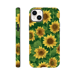 Tough sunflower iPhone case featuring a wraparound floral print with yellow blooms on a dark green background for drop protection.